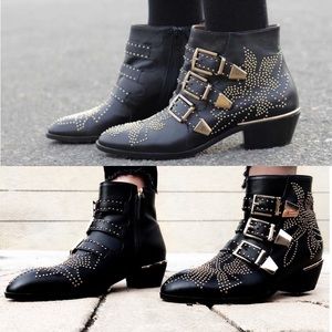 Black Leather Gold Stud Chloé Style Ankle Boots